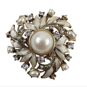 Vintage Monet Brooch Faux Pearls Cream Enamel Rhinestones Burst  A0242